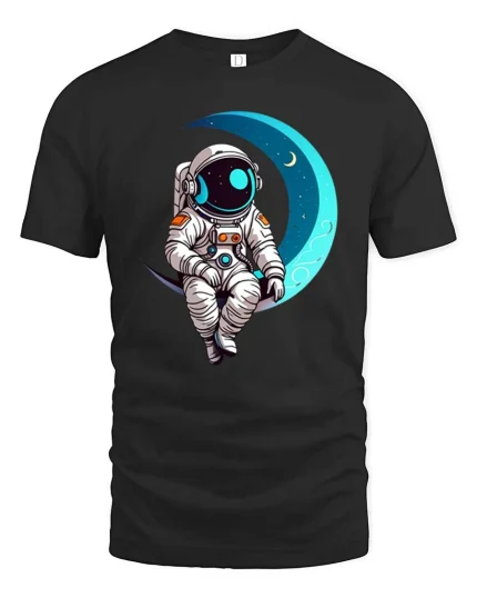 Astronaut Sitting On Moon Cute Space Graphic T-Shirt Design - black t-shirt on white background