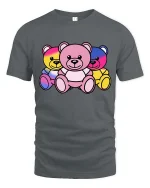 Colorful Neon Teddy Bear Trio Cute Graphic T-Shirt Design - gray t-shirt on white background