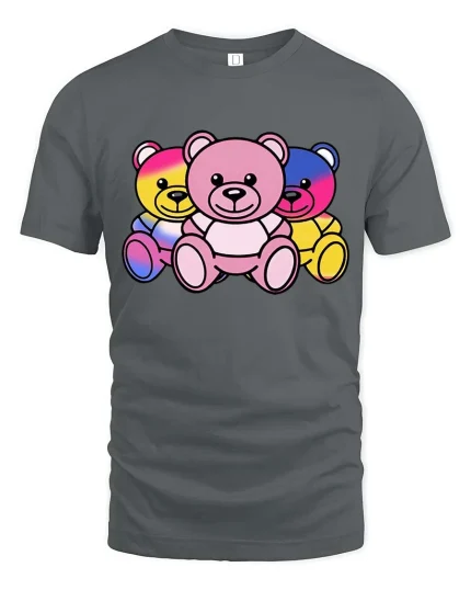 Colorful Neon Teddy Bear Trio Cute Graphic T-Shirt Design - gray t-shirt on white background