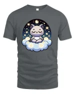 Cute Meditating Cat Moon Cloud Kawaii Graphic T-Shirt Tee - gray t-shirt on white background