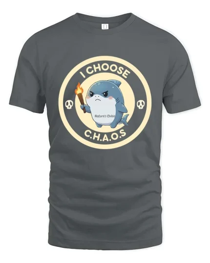 I Choose Chaos Funny Shark Cartoon Graphic T-Shirt Design - gray t-shirt on white background
