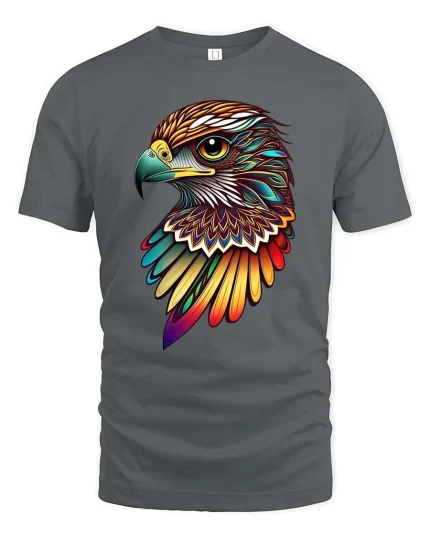 Colorful Eagle Head Artistic Graphic T-Shirt Vibrant Design - gray t-shirt on white background