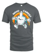 Who Cares Funny Retro Cartoon Hand Graphic T-Shirt Humor - gray t-shirt on white background