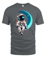 Astronaut Sitting On Moon Cute Space Graphic T-Shirt Design - gray t-shirt on white background