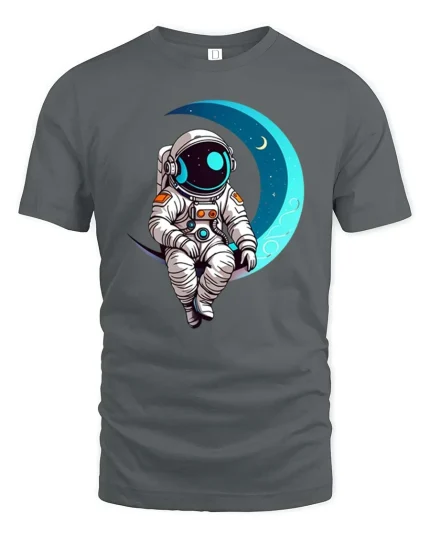 Astronaut Sitting On Moon Cute Space Graphic T-Shirt Design - gray t-shirt on white background