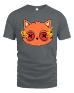 Psychedelic Cat Eyes Funny Cartoon Graphic T-Shirt Design - gray t-shirt on white background