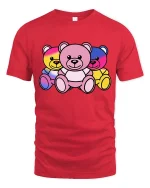 Colorful Neon Teddy Bear Trio Cute Graphic T-Shirt Design - red t-shirt on white background