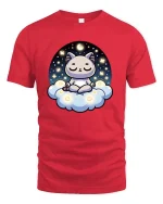 Cute Meditating Cat Moon Cloud Kawaii Graphic T-Shirt Tee - red t-shirt on white background