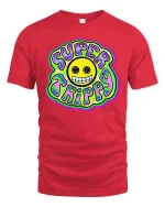Super Trippy Smiley Psychedelic Retro Graphic T-Shirt Tee - red t-shirt on white background