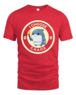 I Choose Chaos Funny Shark Cartoon Graphic T-Shirt Design - red t-shirt on white background
