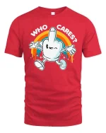 Who Cares Funny Retro Cartoon Hand Graphic T-Shirt Humor - red t-shirt on white background
