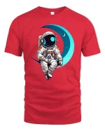 Astronaut Sitting On Moon Cute Space Graphic T-Shirt Design - red t-shirt on white background