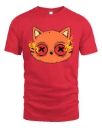 Psychedelic Cat Eyes Funny Cartoon Graphic T-Shirt Design - red t-shirt on white background
