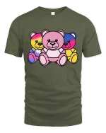 Colorful Neon Teddy Bear Trio Cute Graphic T-Shirt Design - military green t-shirt on white background