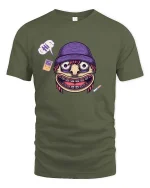 Funny Weird Face Cartoon Graphic T-Shirt Retro Humor Tee - military green t-shirt on white background