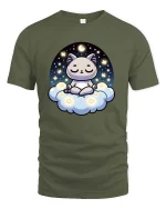 Cute Meditating Cat Moon Cloud Kawaii Graphic T-Shirt Tee - military green t-shirt on white background