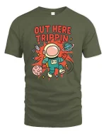 Out Here Trippin Astronaut Space Funny Graphic T-Shirt Tee - military green t-shirt on white background