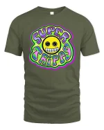 Super Trippy Smiley Psychedelic Retro Graphic T-Shirt Tee - military green t-shirt on white background