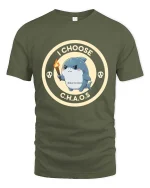 I Choose Chaos Funny Shark Cartoon Graphic T-Shirt Design - military green t-shirt on white background
