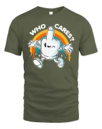 Who Cares Funny Retro Cartoon Hand Graphic T-Shirt Humor - military green t-shirt on white background