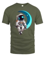 Astronaut Sitting On Moon Cute Space Graphic T-Shirt Design - military green t-shirt on white background
