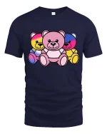 Colorful Neon Teddy Bear Trio Cute Graphic T-Shirt Design - navy t-shirt on white background
