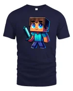 Pixel Gamer Boy Sword Retro Gaming Graphic T-Shirt Design - navy t-shirt on white background