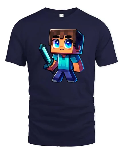 Pixel Gamer Boy Sword Retro Gaming Graphic T-Shirt Design - navy t-shirt on white background
