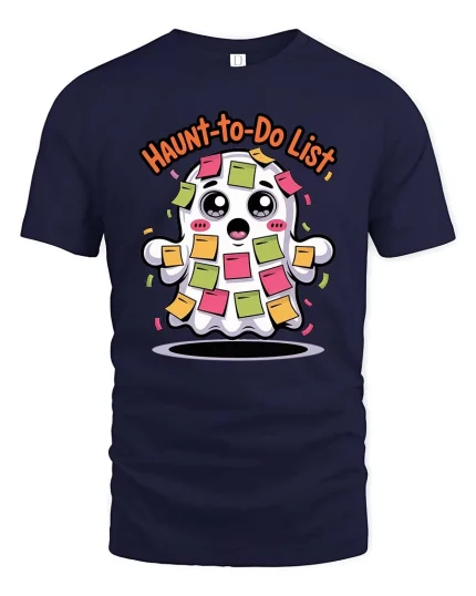 Haunt To Do List Funny Cute Ghost Graphic T-Shirt Humor Tee - navy t-shirt on white background