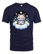 Cute Meditating Cat Moon Cloud Kawaii Graphic T-Shirt Tee - navy t-shirt on white background
