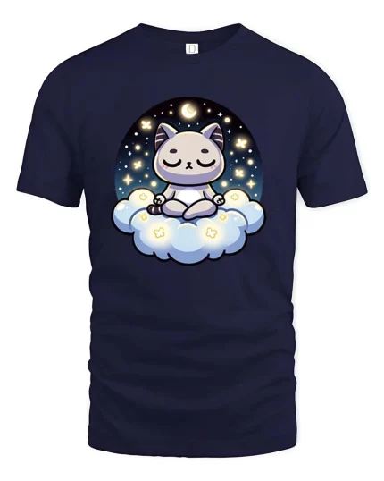 Cute Meditating Cat Moon Cloud Kawaii Graphic T-Shirt Tee - navy t-shirt on white background