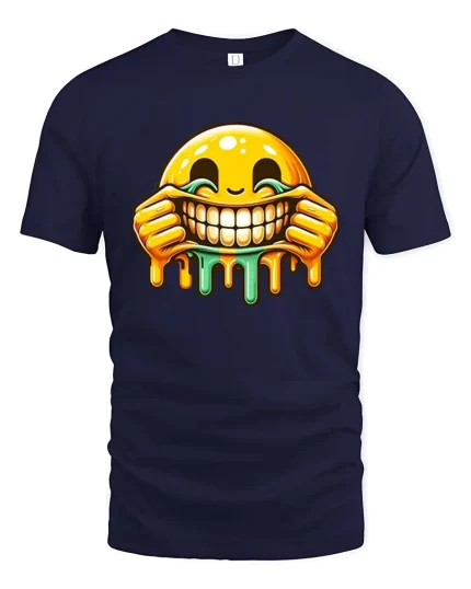 Melting Smile Emoji Funny Graphic T-Shirt Drip Art Humor - navy t-shirt on white background