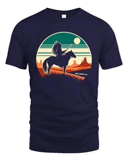Native Warrior Horse Sunset Vintage Graphic T-Shirt Design - navy t-shirt on white background