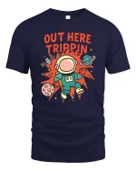 Out Here Trippin Astronaut Space Funny Graphic T-Shirt Tee - navy t-shirt on white background