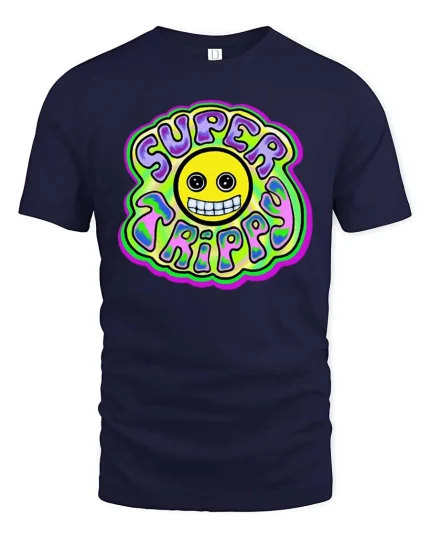Super Trippy Smiley Psychedelic Retro Graphic T-Shirt Tee - navy t-shirt on white background