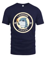I Choose Chaos Funny Shark Cartoon Graphic T-Shirt Design - navy t-shirt on white background