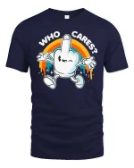 Who Cares Funny Retro Cartoon Hand Graphic T-Shirt Humor - navy t-shirt on white background