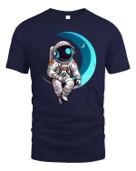 Astronaut Sitting On Moon Cute Space Graphic T-Shirt Design - navy t-shirt on white background