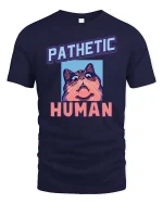 Pathetic Human Funny Cat Meme Graphic T-Shirt Humor Tee - navy t-shirt on white background