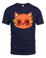 Psychedelic Cat Eyes Funny Cartoon Graphic T-Shirt Design - navy t-shirt on white background