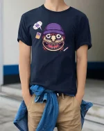 Funny Weird Face Cartoon Graphic T-Shirt Retro Humor Tee - model wearing navy tee with hands in pockets