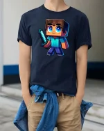Pixel Gamer Boy Sword Retro Gaming Graphic T-Shirt Design - model wearing navy tee with hands in pockets