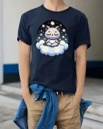 Cute Meditating Cat Moon Cloud Kawaii Graphic T-Shirt Tee - model wearing navy tee with hands in pockets