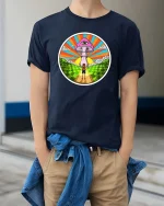 Psychedelic Mushroom Eye Surreal Graphic T-Shirt Design - model wearing navy tee with hands in pockets