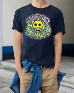 Super Trippy Smiley Psychedelic Retro Graphic T-Shirt Tee - model wearing navy tee with hands in pockets