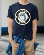 I Choose Chaos Funny Shark Cartoon Graphic T-Shirt Design - model wearing navy tee with hands in pockets