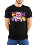 Colorful Neon Teddy Bear Trio Cute Graphic T-Shirt Design - model wearing black tee with hands behind back