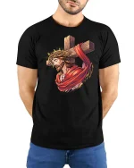 Jesus Christ Cross Christian Faith Graphic T-Shirt Design - model wearing black tee with hands behind back
