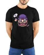 Funny Weird Face Cartoon Graphic T-Shirt Retro Humor Tee - model wearing black tee with hands behind back