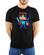 Pixel Gamer Boy Sword Retro Gaming Graphic T-Shirt Design - model wearing black tee with hands behind back